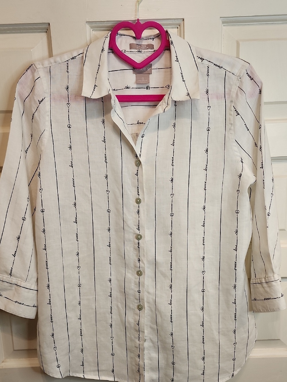 CHICOS LINEN 100% White Button-Down Shirt with Black Vertical Script Stripes